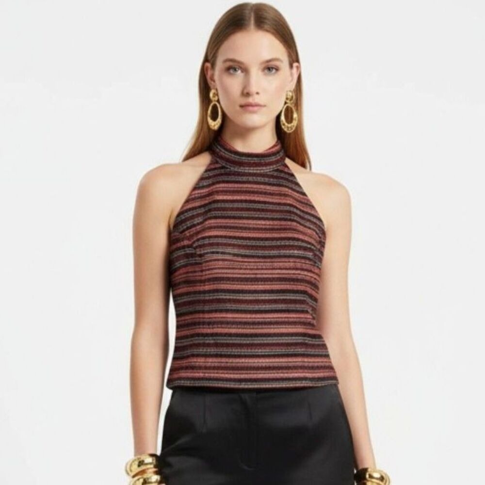 Cache Red & Black Striped Cropped Metallic Halter Top New 10